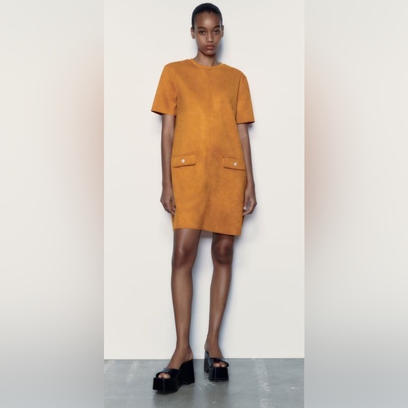 ZARA FAUX SUEDE BASIC DRESS SIZE S NEW WITH TAGS DARK ORANGE - Picture 3 of 10